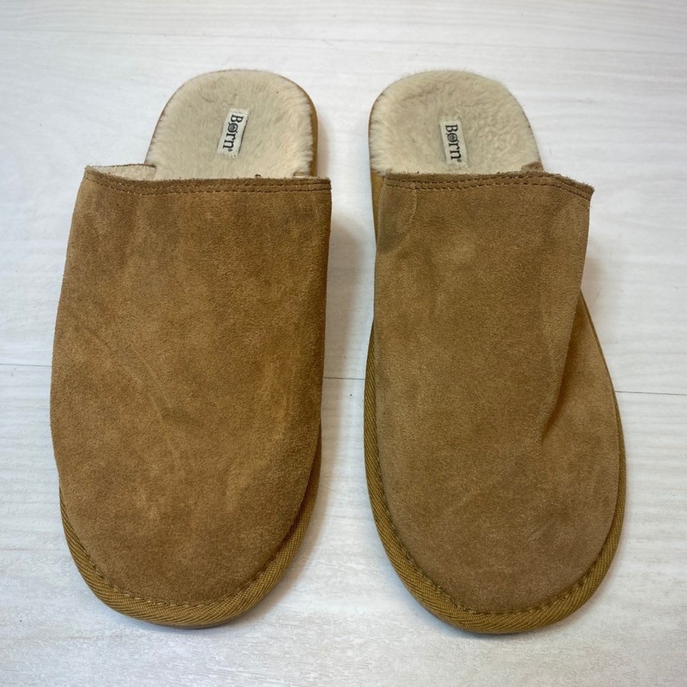 Born Womens 9 Scuff Slippers Suede Faux Fur Chestnut Tan House Shoes Comfort